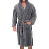 Solid Color Belt Flannel Bath Robe Hooded Pockets Warm Men Nightgown Home Clothes