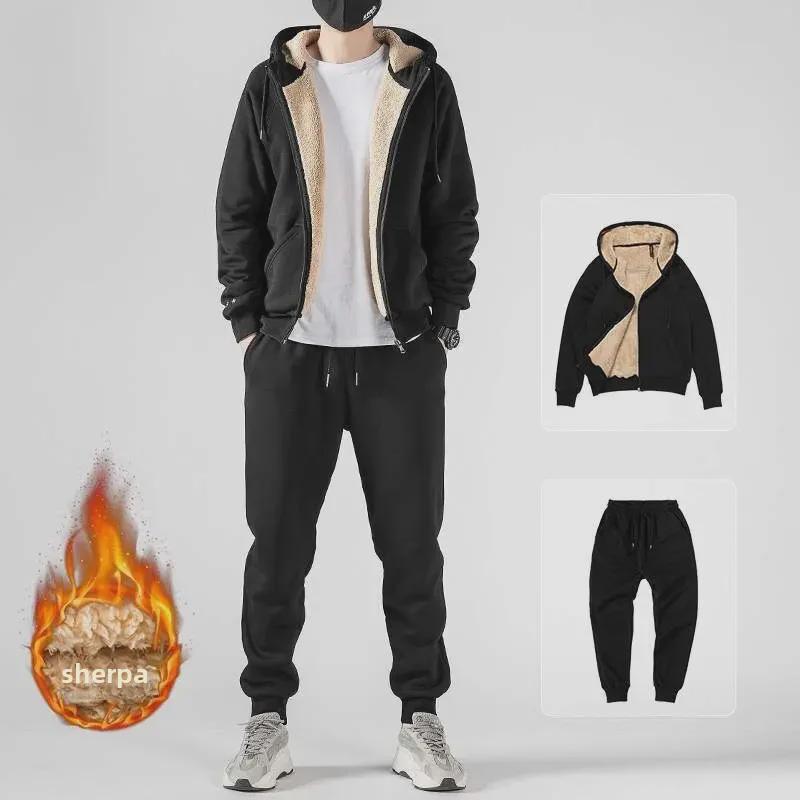 Men's Lamb Fleece Sweater Set: Winter Loose-Fit, Plus-Size Hooded Cardigan Jacket with Pants.