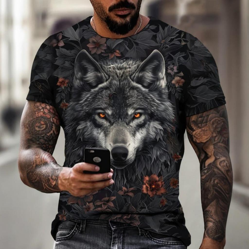 Summer Round Neck 3D Wolf Print Top Fashionable Casual Short Sleeved Men's T-shirts