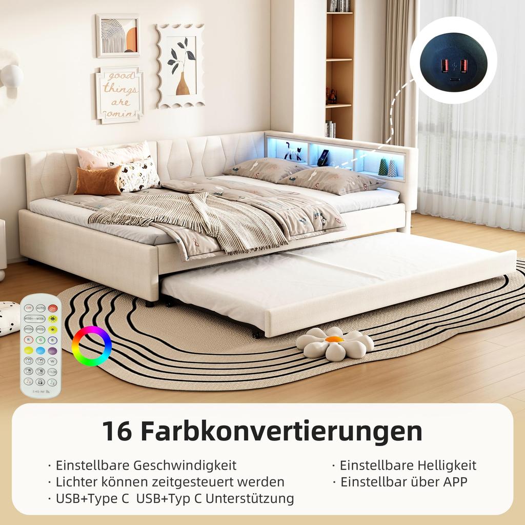 Sofa Bed 140x200 Cm Extendable LED Strip USB+Type-C Storage Compartment Slatted Frame Linen Bed Frame Without Mattress Beige