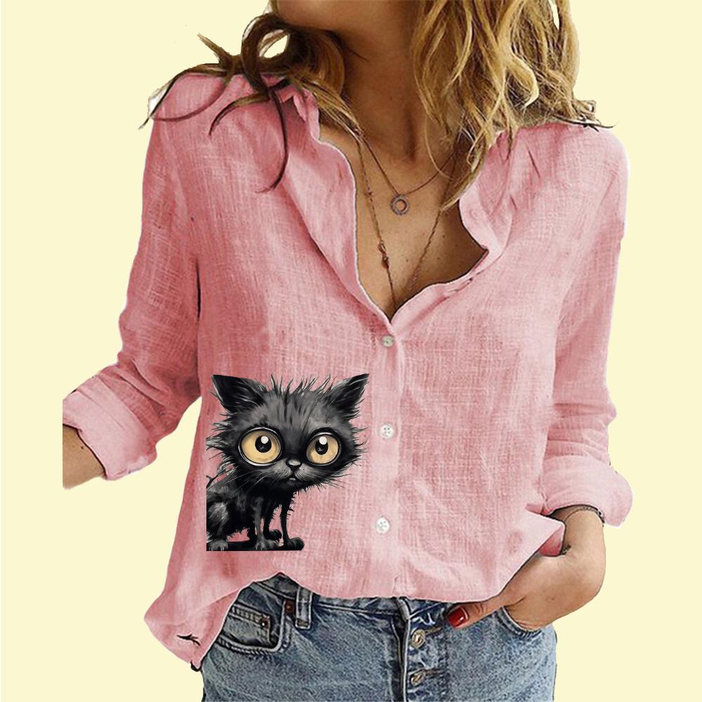 Женская модная рубашка на пуговицах, повседневная, тонкая, с длинным рукавом, женская хлопковая льняная блузка с принтом кота