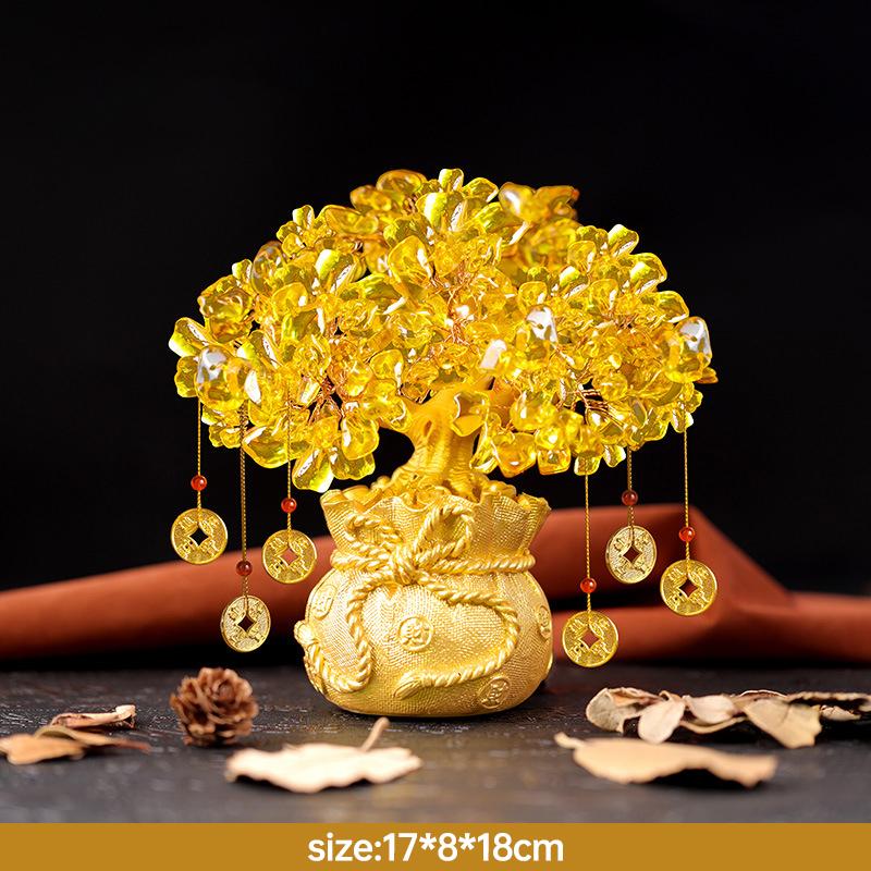 Золотое украшение в виде дерева удачи, желтое хрустальное денежное дерево, китайский фэн-шуй, украшение для дома и офиса, трясущееся дерево богатства, подарки на удачу