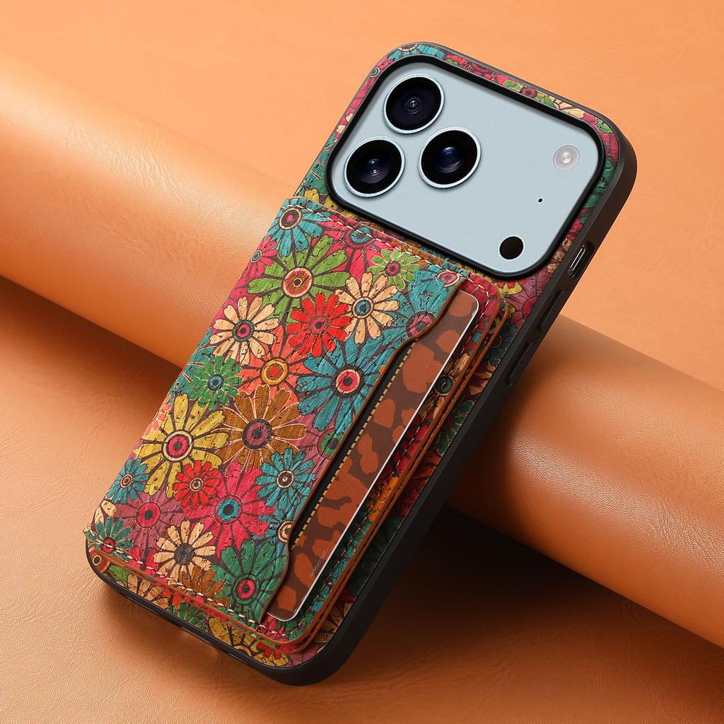 Flower Style Phone Case for iPhone 17 Pro Max 17Air 16e 16 15 Plus 14 13 12 11 Wine Cork Wood Synthetic Leather Card Slot Wallet