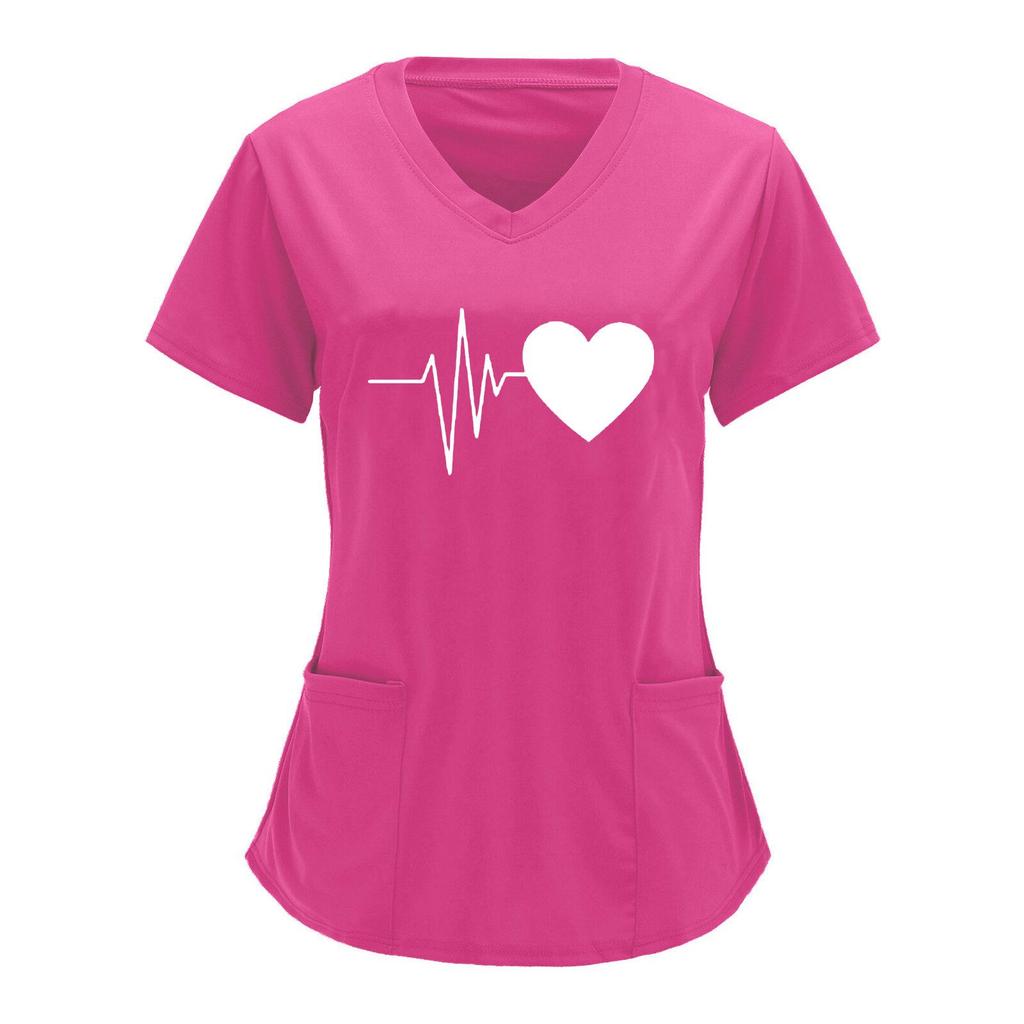Униформа медсестры с принтом «Сердцебиение и любовь» в европейском и американском стиле, V-образный вырез, два кармана, футболка с коротким рукавом, большой размер