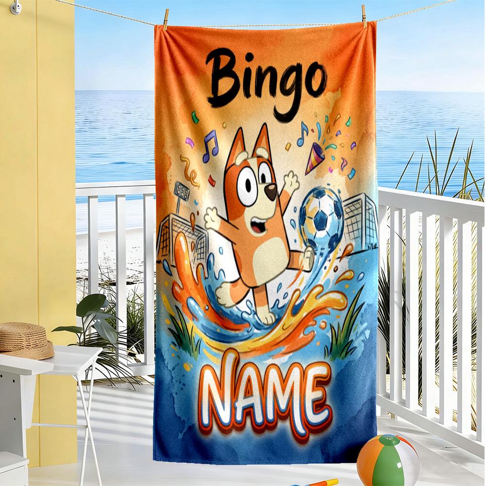 Bluey Soccer Adventure Customizable Name Beach Towel Quick-Dry Soft Microfiber Perfect for Traveling Yoga Camping and Swimming