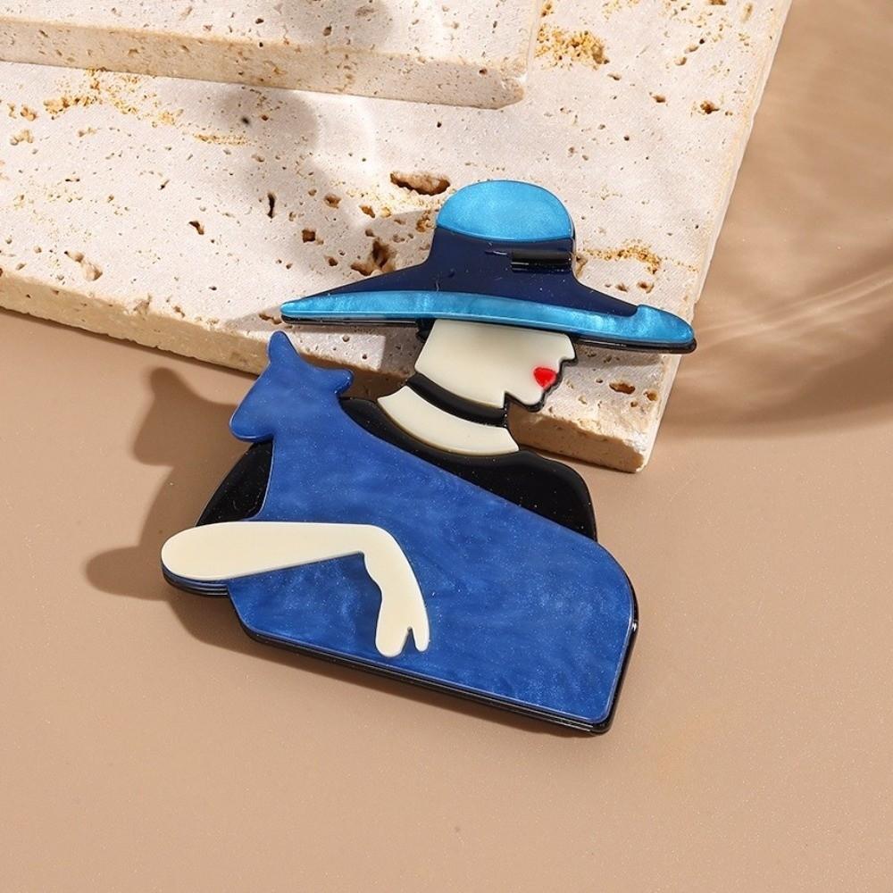 Large Women Portrait Pin Acrylic Coat Badge Cute Lady with Hat Brooch Clothing Accessories