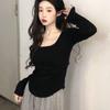 Женские однотонные футболки с длинными рукавами и квадратным воротником, весенне-осенние новые тонкие повседневные топы с U-образным подолом, рубашки для девочек