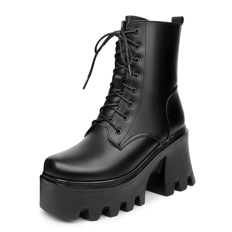 Женские ботильоны на платформе с высоким каблуком из натуральной кожи и шерсти, теплые зимние ботинки, женские модные байкерские ботинки со шнуровкой для женщин