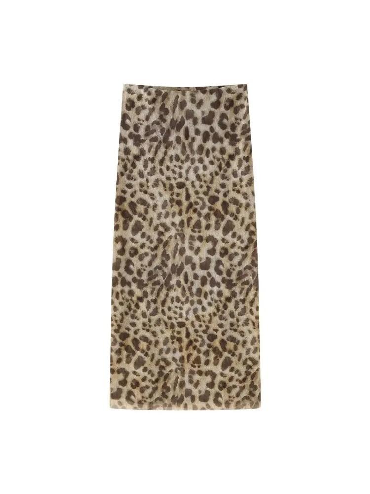 Vintage Tulle Leopard Printed 2 Piece Sets Women Casual A-line Skirt + Sexy Halter Neck Tops Fashion Off Shoulder Streetwear Suits