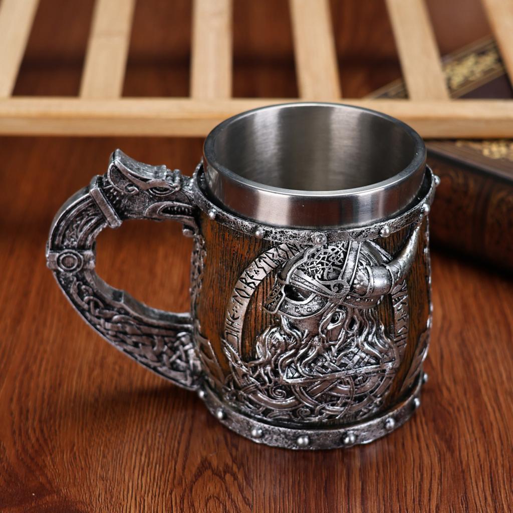 Medieval Viking Dragon Beer Mug Stainless Steel Lined Resin 450ML Large Capacity Barrel Mug Halloween Home Decoration