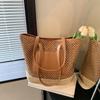 Women Crochet Beach Handbag PU Patchwork Weaving Travel Bag Contrast Color Simple Shoulder Bag Ladies Summer Daily Bag