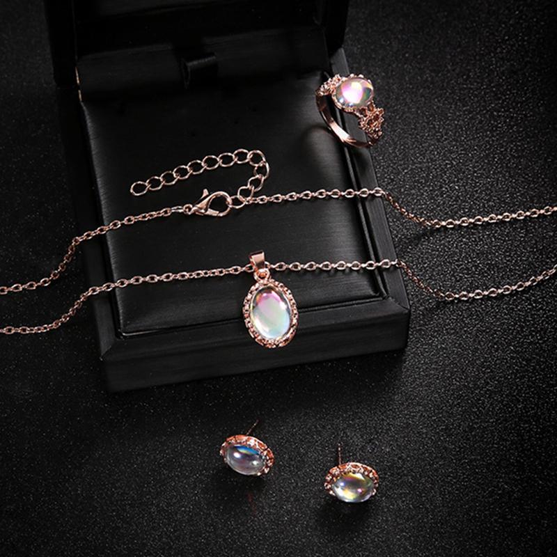 3Pcs Opal Jewelry Set For Women Gemstone Pendant Necklace Ring Earrings Elegant Crystal Accessories For Party Daily Wear Gift