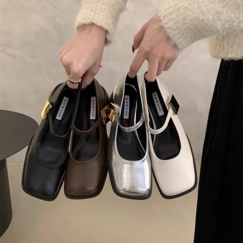 Autumn Casual Women Fashion Square Toe Close Toe Ankel Strap Mules Ladies Elegant Mary Jane Ballet Shoes Mid Heel Dress Pumps