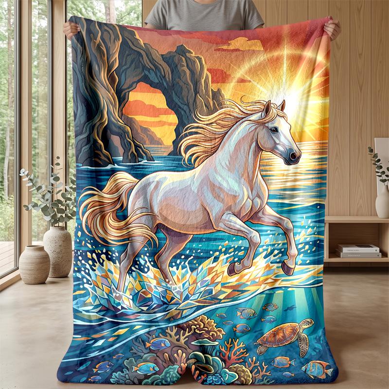 Oceanic Horse Majesty Theme blanket Lightweight Warm Flannel Blanket Decorative Throw Blanket for Home Decoration