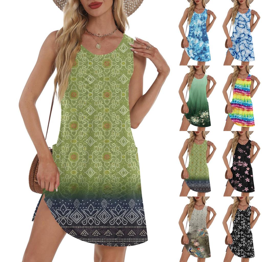 Женский повседневный сарафан с карманами, летнее пляжное платье в стиле бохо, футболки, платье с V-образным вырезом, свободные платья-майки