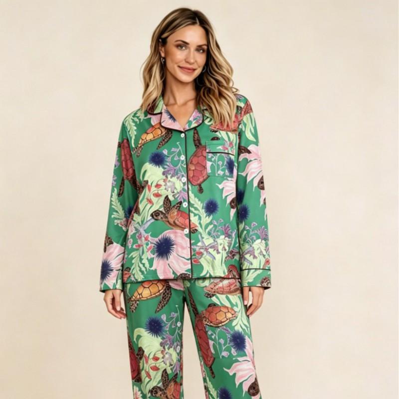 Womens Long Sleeve Pajama Set Animal Print Lapel Collar Loungewear Casual Homewear Outdoor Wear