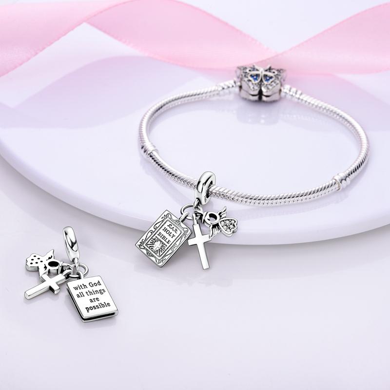 925 Silver Cross Heart Rotating Devil Eye Jesus Angel Pendant Charm Bead for DIY Bracelet Jewelry Gift for Women