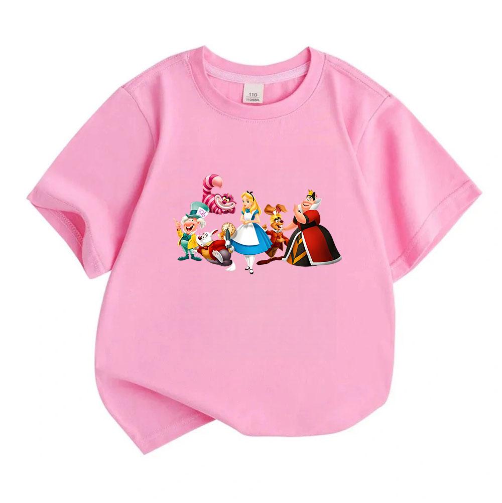 Alice in Wonderland Cartoon Character Print Kids T Shirt, 100% Cotton Unisex Boys Girls Casual Short Sleeve O-Neck Tees for Children Toddler Everyday