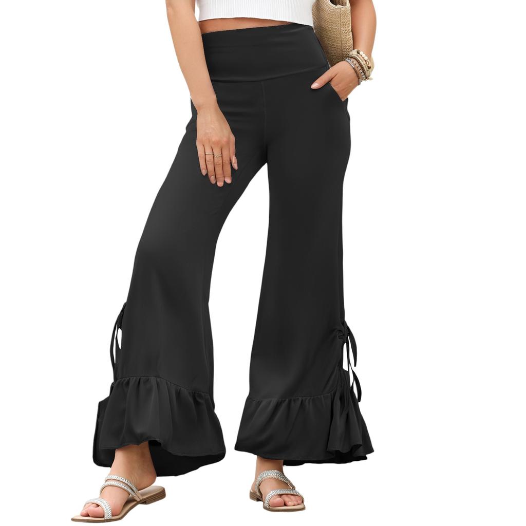 Женские летние широкие брюки, повседневные расклешенные брюки, эластичные брюки для йоги с высокой талией
