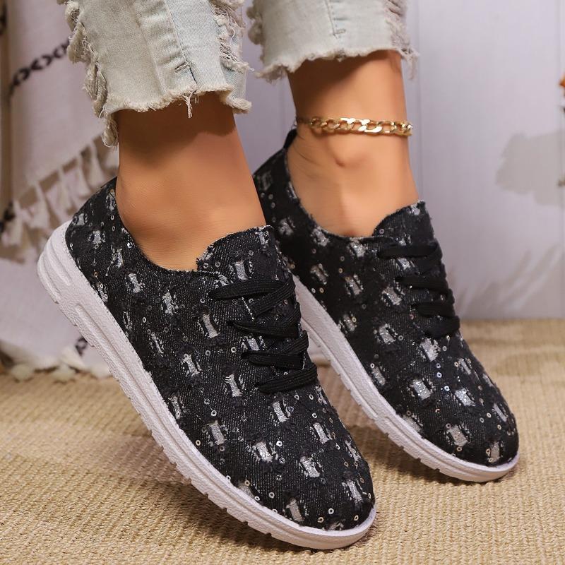 Autumn New Round Head Cloth Sequin Front Lacing Soft Sole Non-slip Low Top Shoes Women's Fashion Flat Shoes