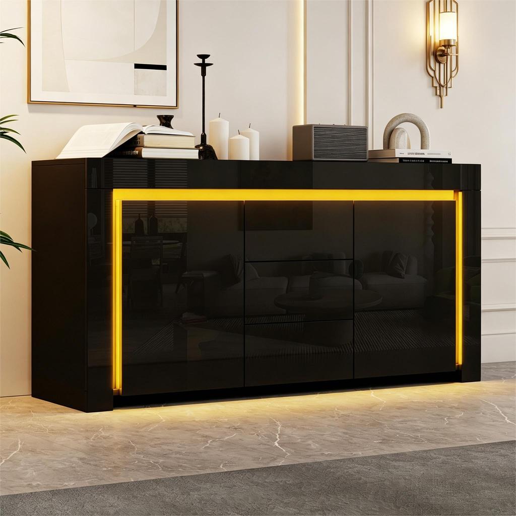 140*40*65cm Living Room Cabinet, Dresser with 3 Drawers, 2 Doors, High-Gloss Side Cabinet with LED Light Strip, Sideboard with Storage Space, Black