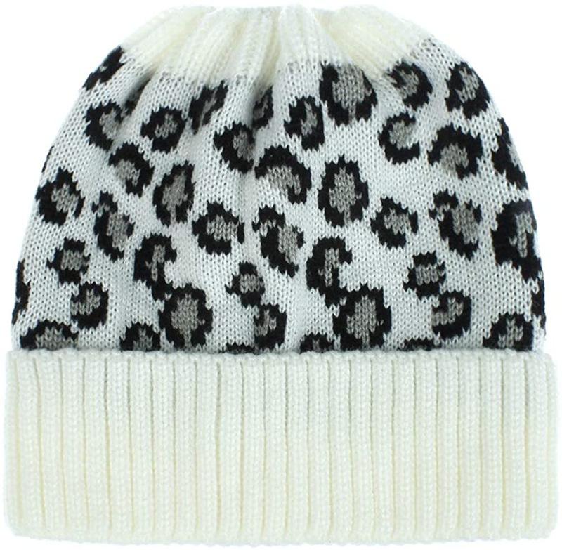 Leopard print knitted wool hat, fashionable personalized ponytail hat, crimped pullover hat, outdoor braided hat