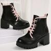 Winter Leather Chunky Women Ankle Boots Lace Up Fashion High Heels Shoes 2025 Trend Designer Classic Goth Pumps New Botas Mujer
