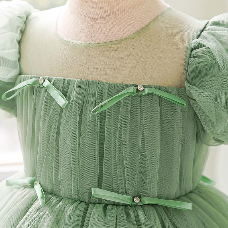 Girls Party Dress Puff Sleeve Tulle Prom Gown Avocado Green Kids Formal Wear