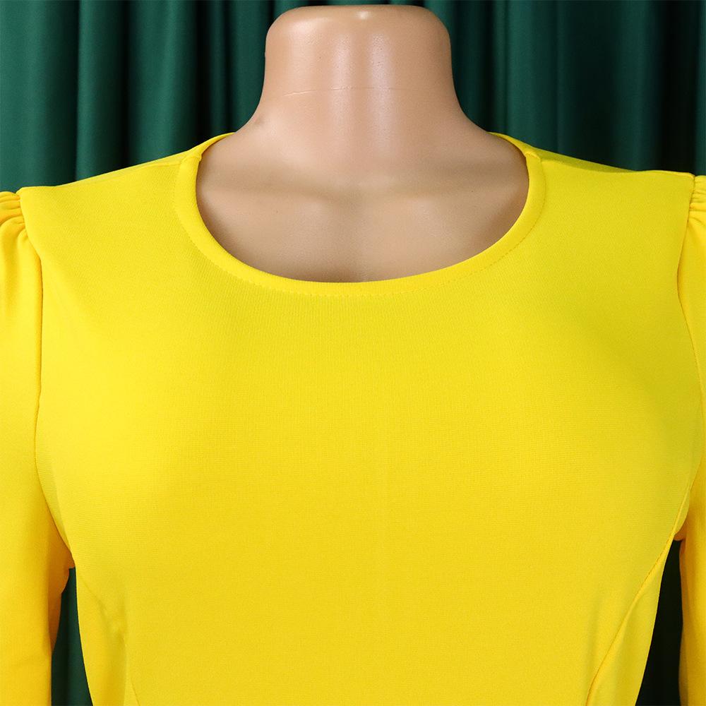 YYFS Женская мода весна осень однотонный принт с длинным рукавом и круглым вырезом с высокой талией повседневные платья