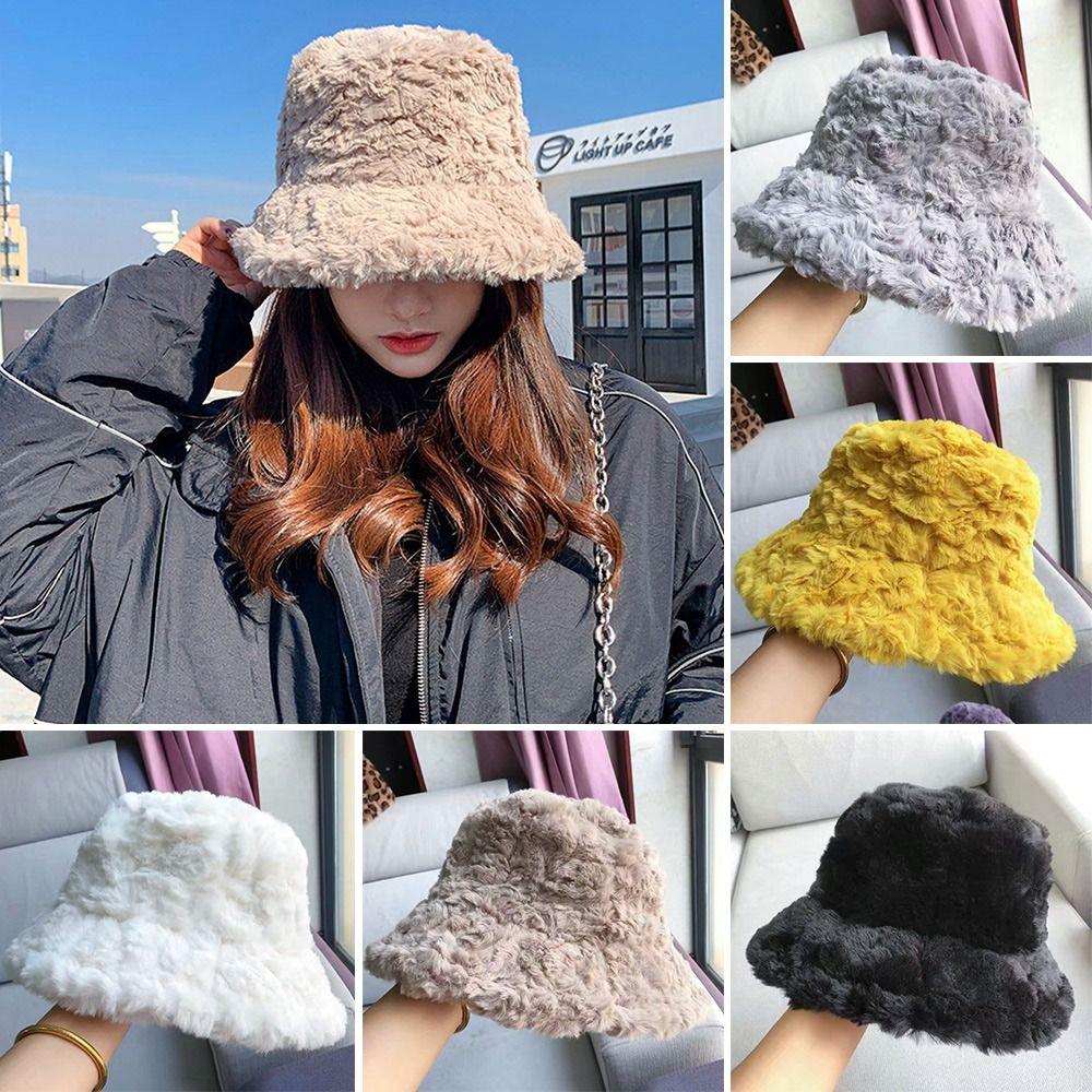 Women Casual Soft Faux Fur Sun Cap Bucket Hat Panama Hat Fisherman Cap