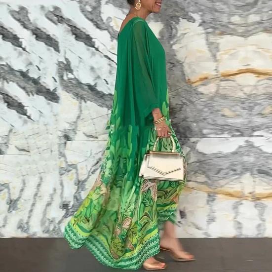 Fall Spring Women Dress Oversized Floral Printing Color Matching Robe Type Long Bat Sleeves Round Neck Irregular Hem Pullover Party Dating Maxi Dress