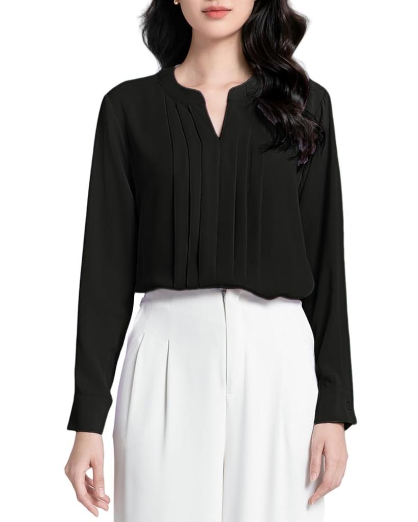 SPRING SEAON Long Sleeve Chiffon Blouse with Tucked Loose Plus Sizes Suitable for Size 4L Women's V-Neck Detail, Fit, Available, Suits, Office,