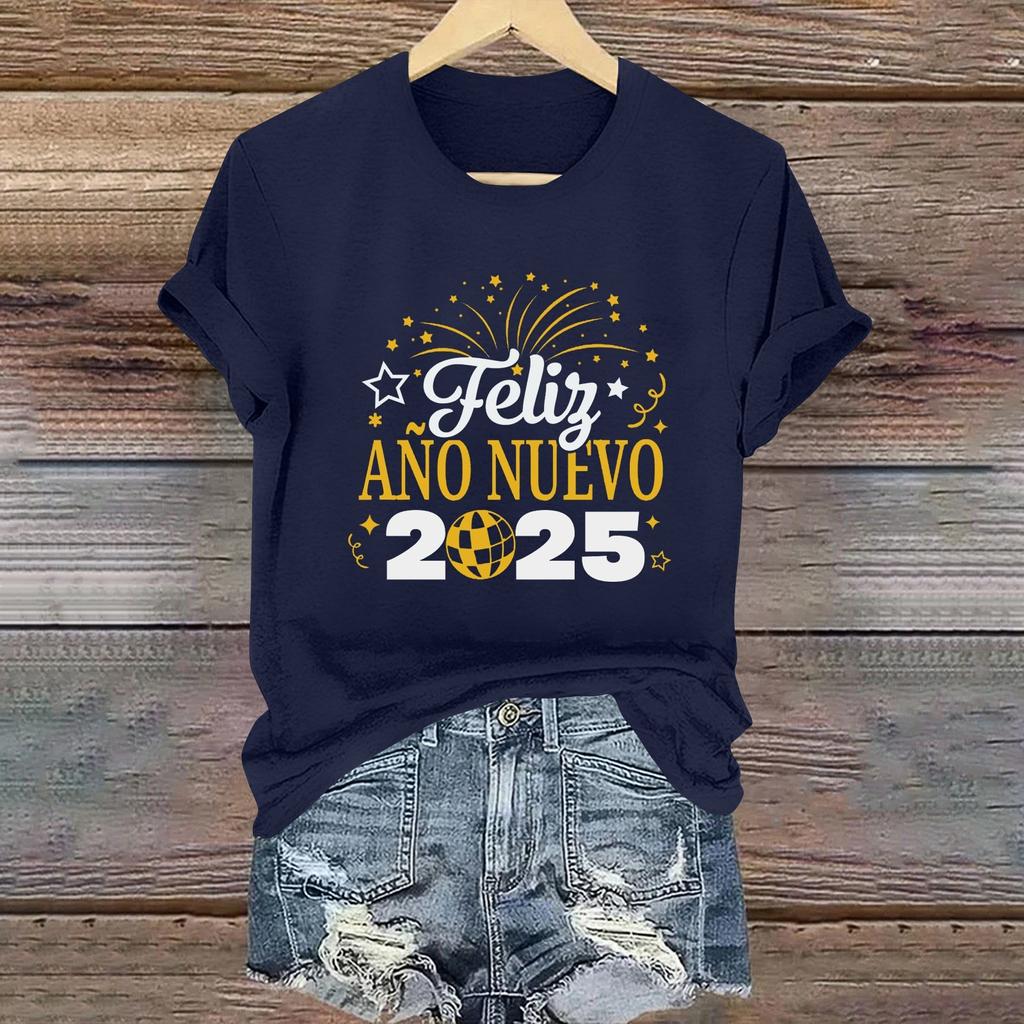 Women's Long Sleeve Round Neck T-Shirts 2025 New Year Print Puff Sleeve Shirts Button Blouses Tops