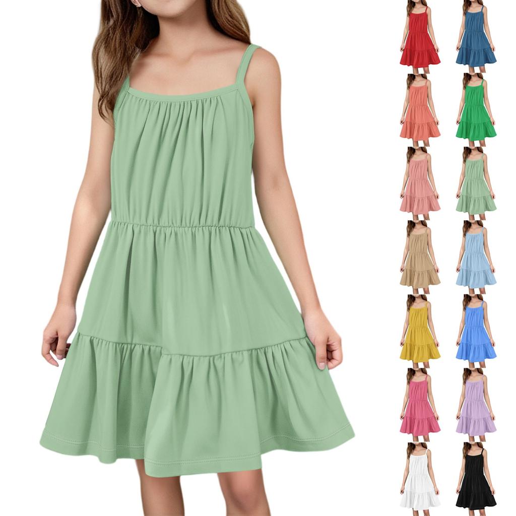 Children's Summer Casual Fashion Round Neck Solid Color Sleeveless Dress