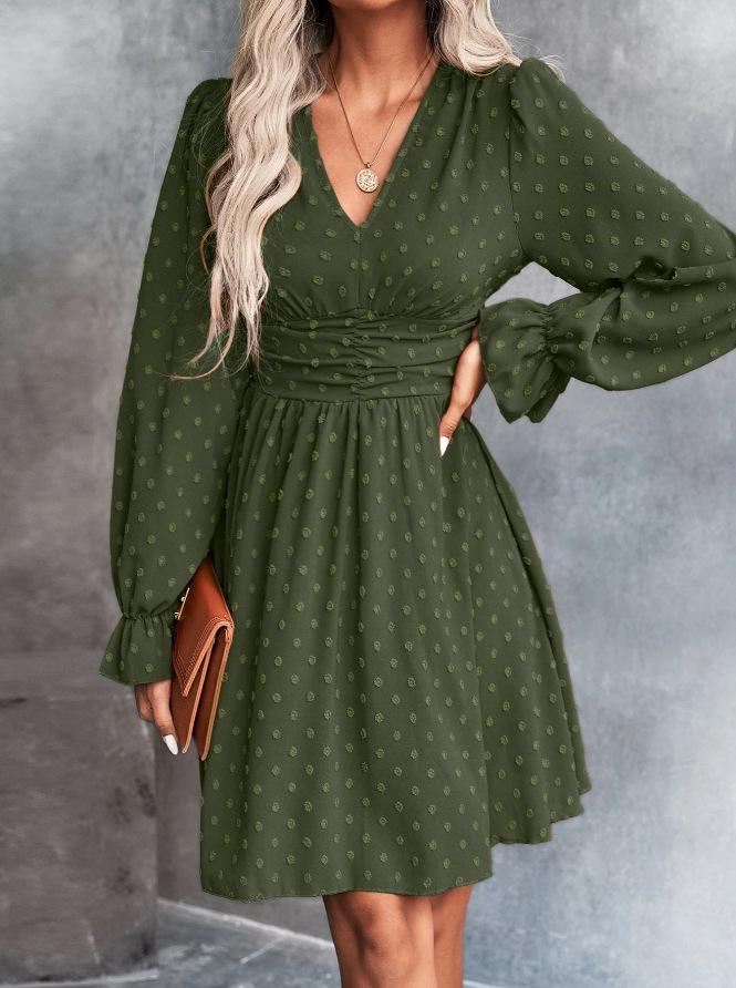 Autumn and winter new medium hairball diagonal neck lantern sleeve pleated waist dress elegant and thin versatile