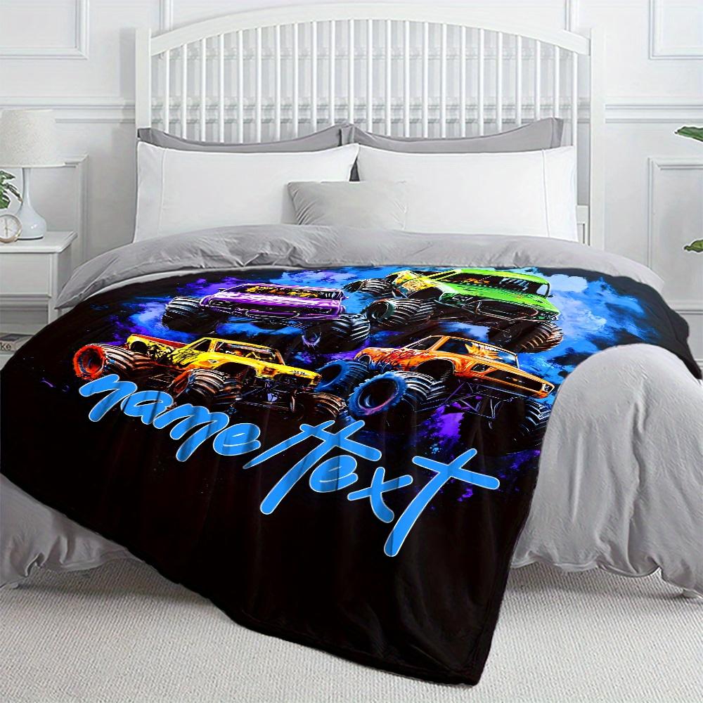 Colorful Monster Trucks Flannel Throw Blanket Personalized Big Truck Racing Boys Blanket