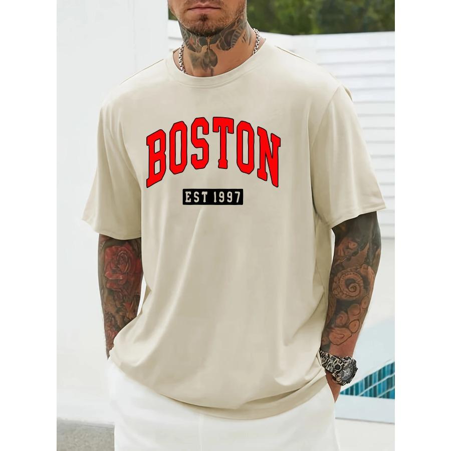 Модная высококачественная мужская летняя свободная футболка из 100% хлопка с принтом Boston, облегающая повседневная футболка с круглым вырезом и коротким рукавом