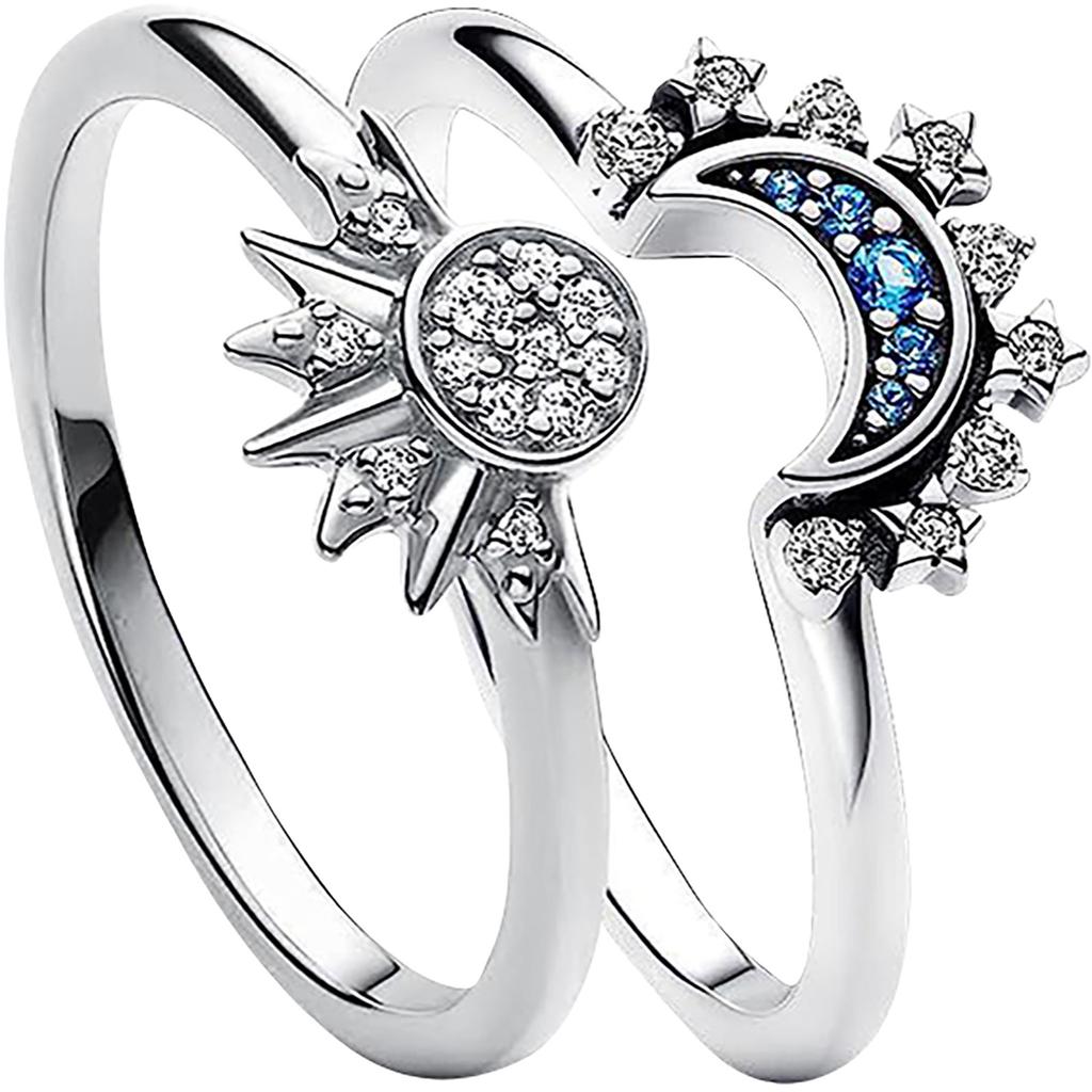 Minimalist Shiny Sun Blue Diamond Moon Women's Two Piece Ring Set