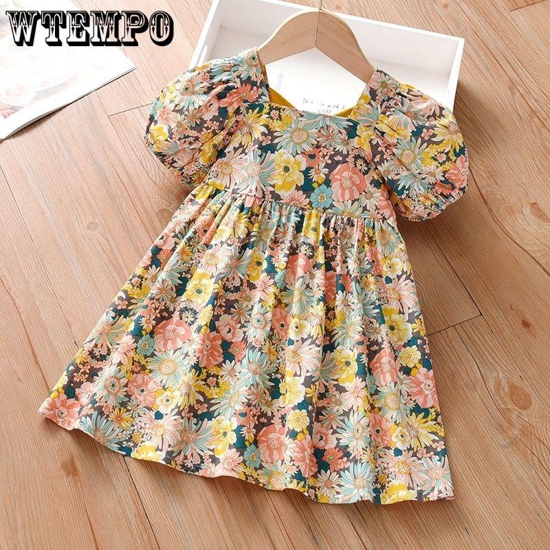 Платье с цветочным принтом для девочек, летнее, тонкое, детское, с открытой спиной и короткими рукавами, платье принцессы
