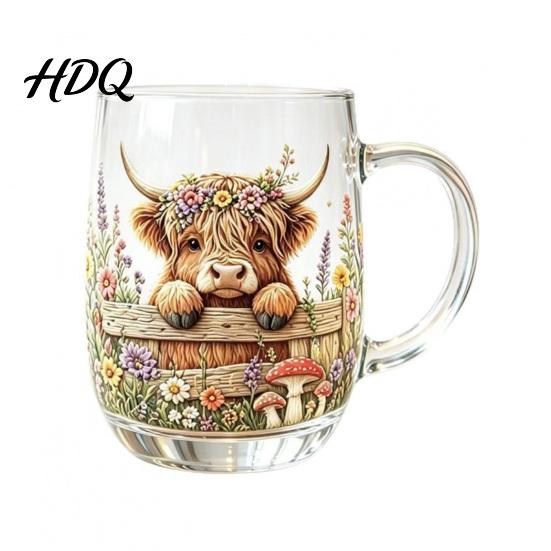 Durable Glass Drinkware 350ML Hand-painted Highland Cow Glass Cattle Coffee Mug Decorative Wine Glasses with Handle Heat-Resistant Tea Milk