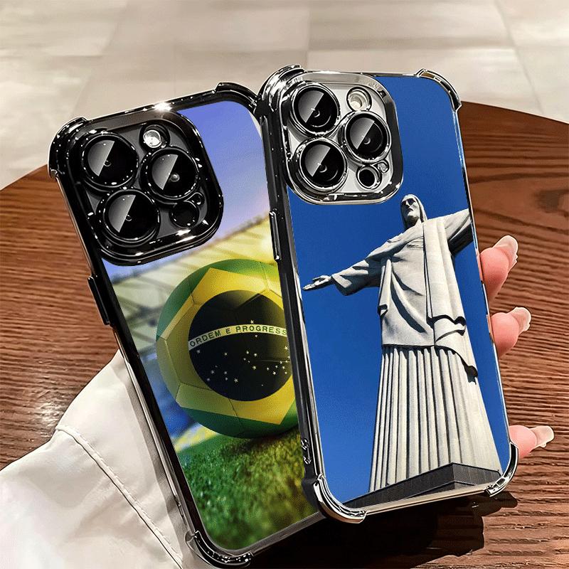 Brazil Brazilian Flag Plating Phone Case For Iphone 16 17 Pro Max Air 16E 14 15 Plus 12 13 Mini Anti-Fall Airabag Cover