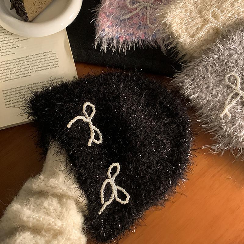 Осень и зима, новая шапка с рукавами, женская плюшевая жемчужная вязаная шапка с бантом, мягкая липкая вязаная шапка