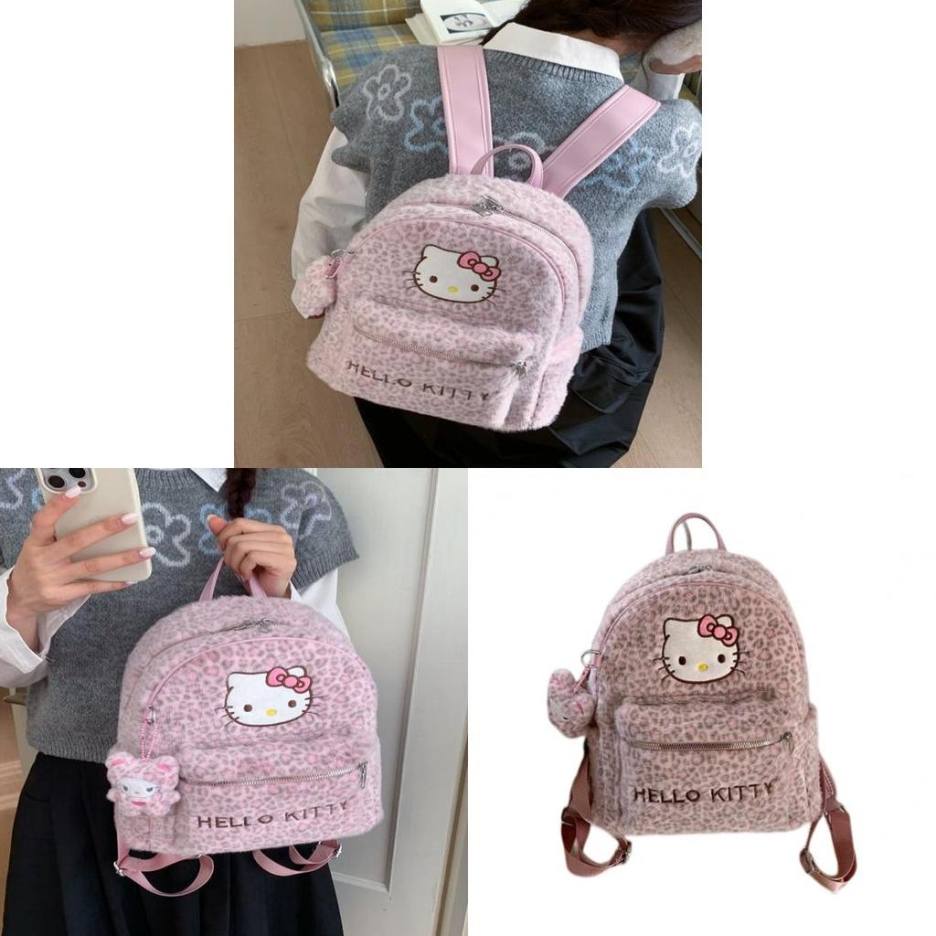 Cute Cartoon Hello Kitty Cat Backpack With Leopard Print Pu Material For Daily Use And Storage