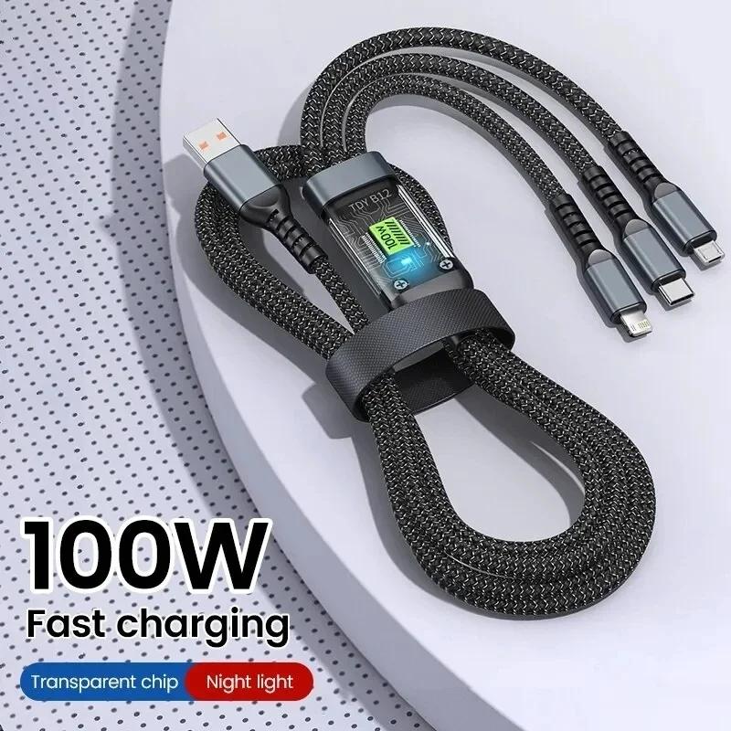 3 In 1 Universal 100W Fast Charging Cable for iPhone 11 12 13 14 15 Samsung Honor Xiaomi Redmi POCO Micro USB Type-C Cable 1.2m