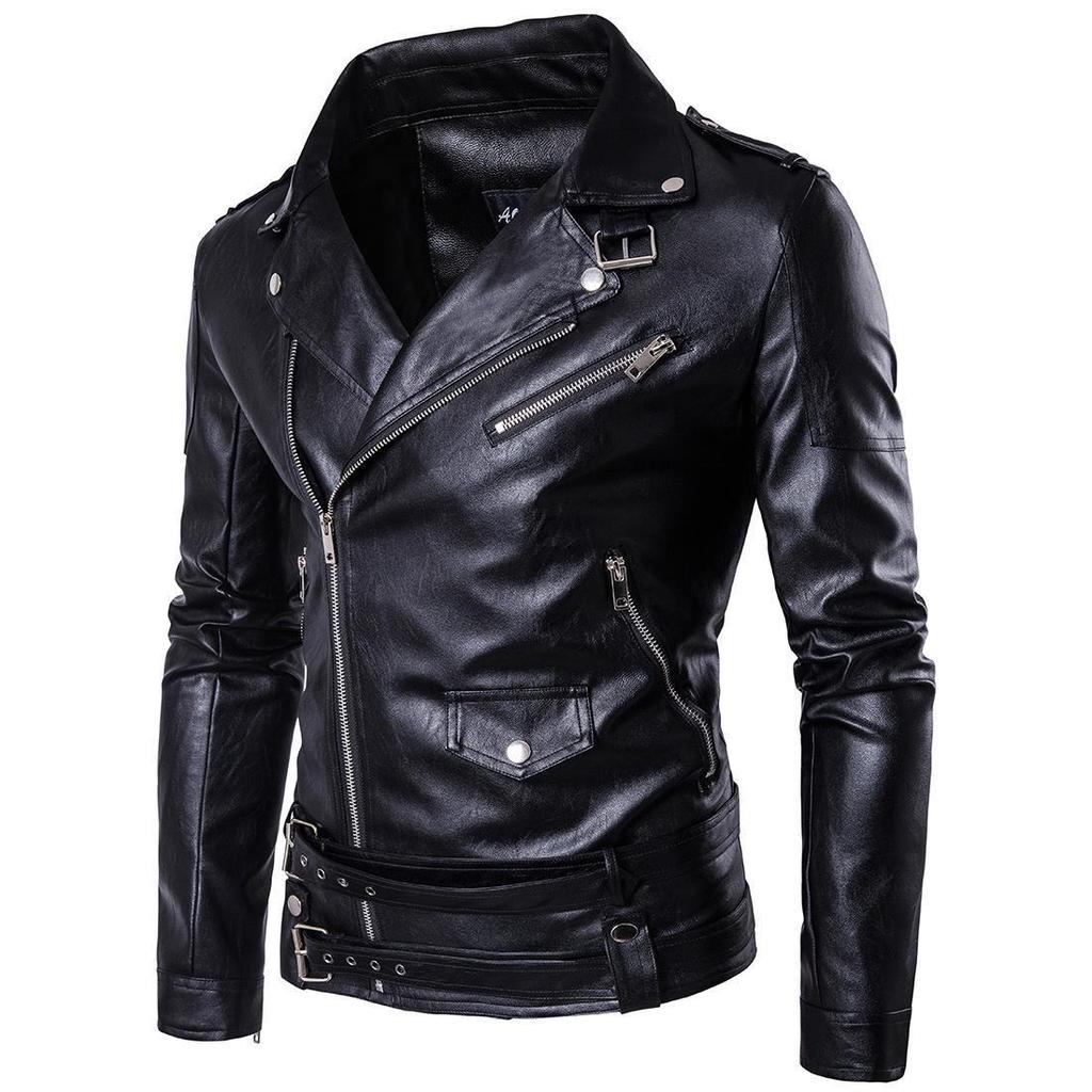 Men's Lapel Zipper Leather Jacket Trend Loose Biker Jacket PU Jacket