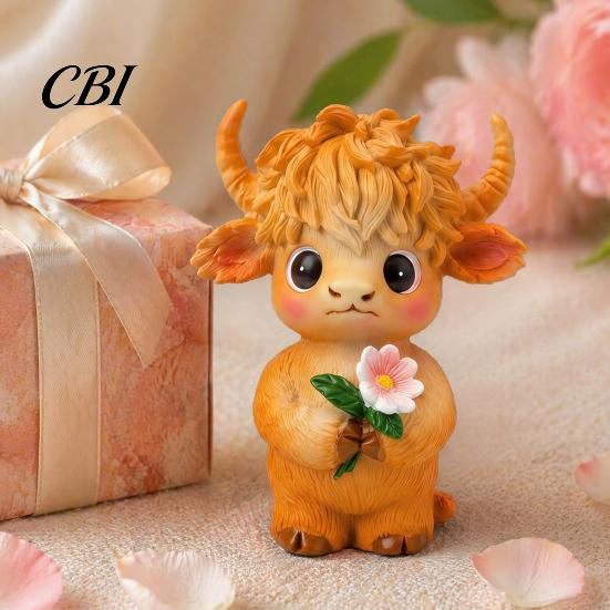 Stable Resin Sculpture for Home Highland Cow Holding Flower Statue, Cute Animal Figurine, Decorative Statues Entryway Farmhouse Desk Shelf Mantel