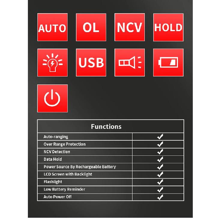 Digital Multimeter 4.8'' Full Color LCD 6000 Counts Auto-ranging Multimeter with Rechargeable Battery for Electronics Testing