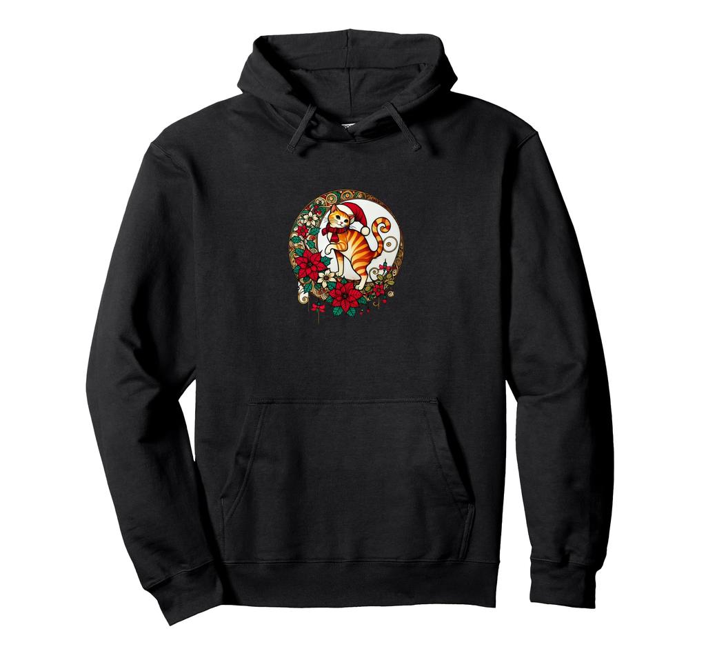 Christmas Ginger Cat Santa Hat Illustration Art Nouveau Hoodie