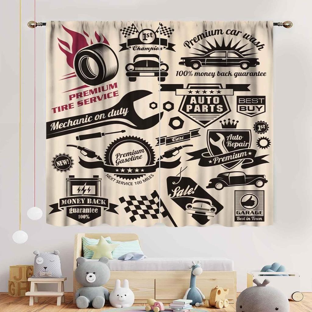 Retro Garage Car Curtain Panels, Cream Base Auto Parts Race Check Flag Classic Mechanic Pattern Drapes For Car Shop Decoration