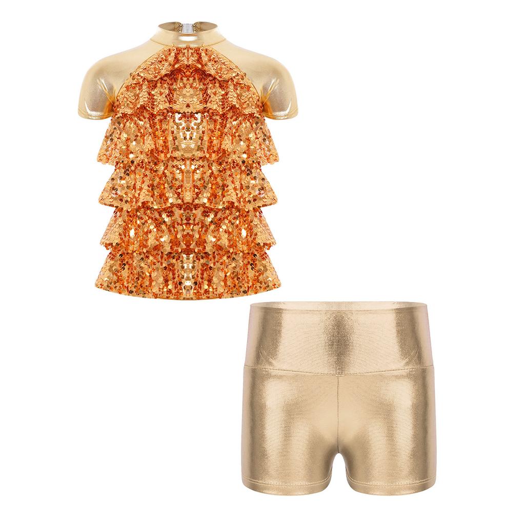 Girls Jazz Dance Costume Mock Neck Short Sleeve Tiered Ruffle Cutout Top Metallic High Waist Shorts Set